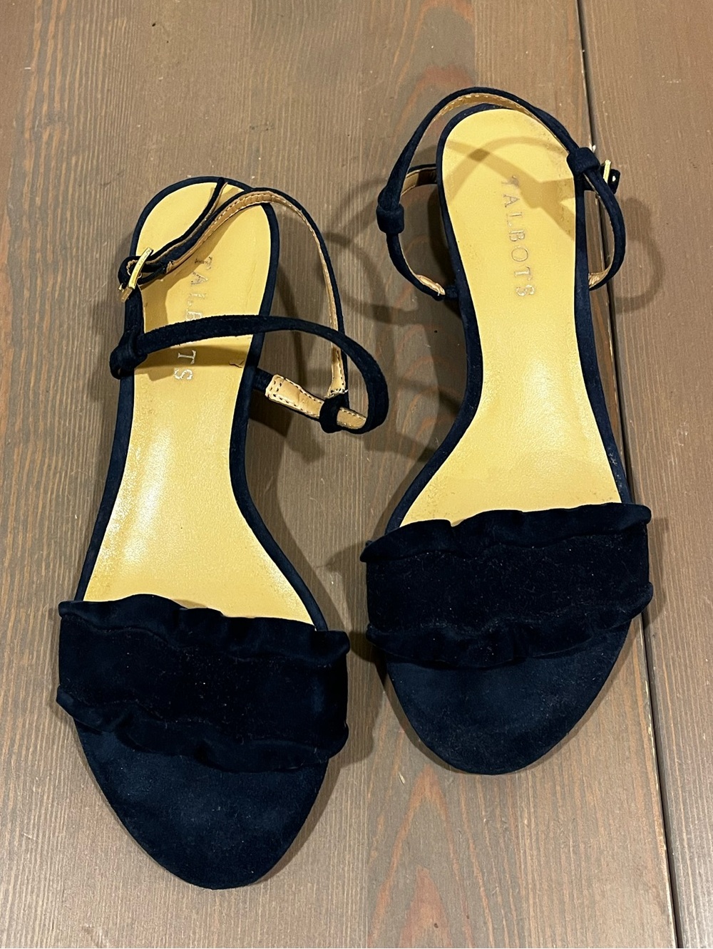 Talbots Navy Suede Sandals Size 7 Strappy Low Wedge Sling Back Open Toe Ruffled